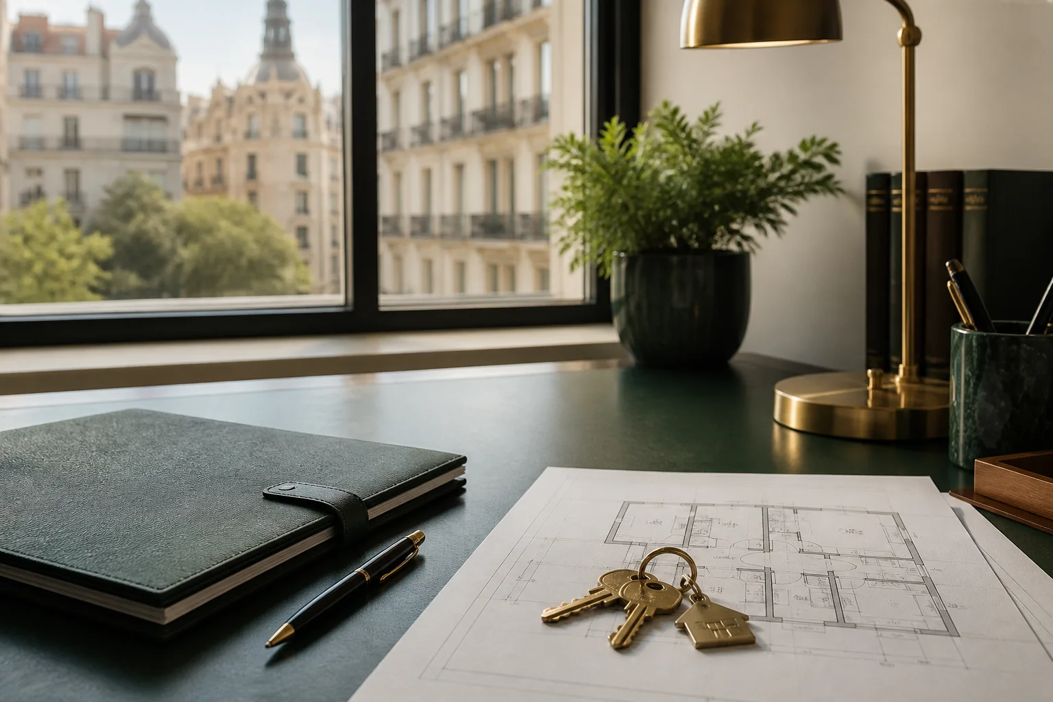 Mesa de trabajo jurídico con planos y llaves de una vivienda